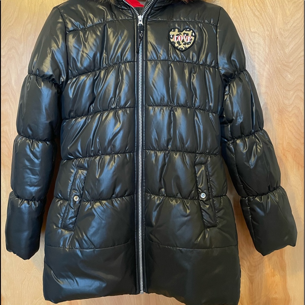 Jessica Simpson Black Puffer Coat W/Faux Fur Collar. Size L 14/16. Red Leopard.